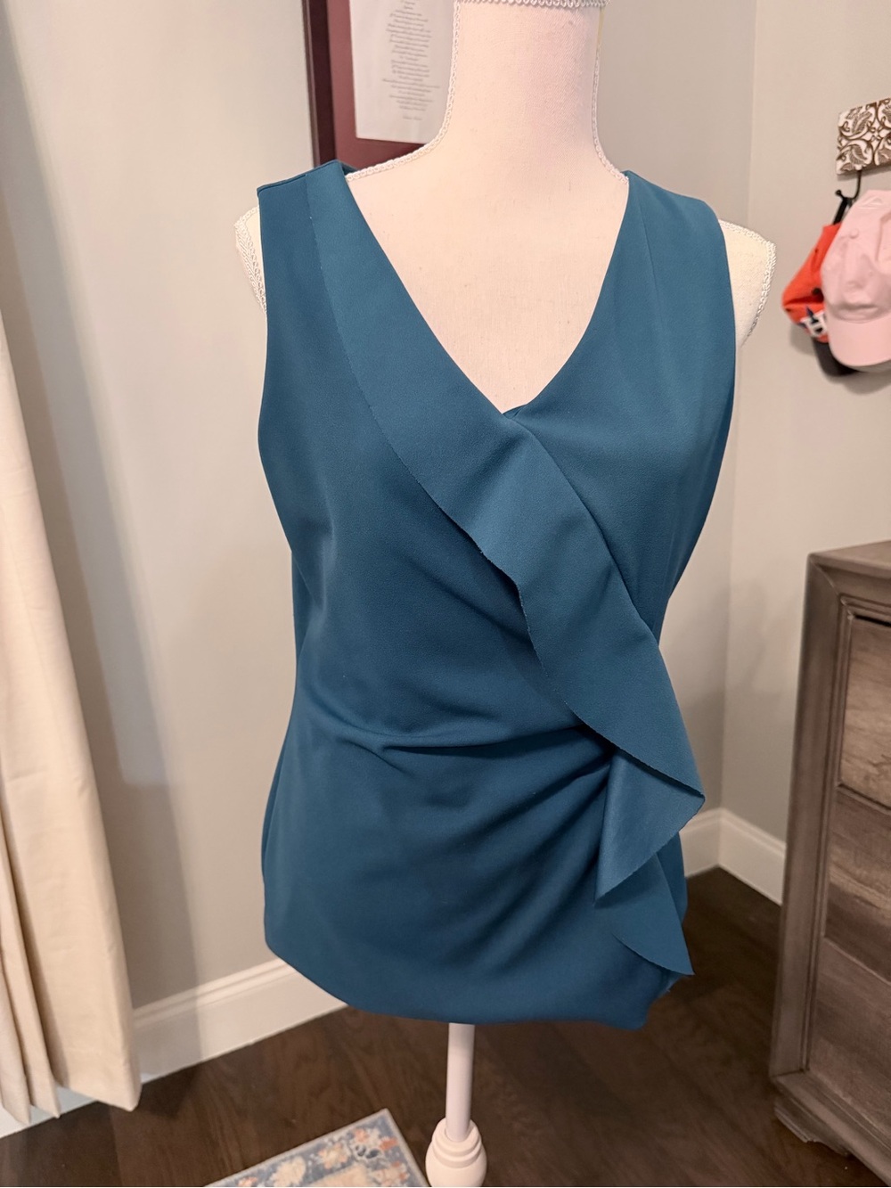 White House Black Market Teal Ruffle V-Neck Shell